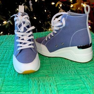 Denim and white faux leather platform sneakers